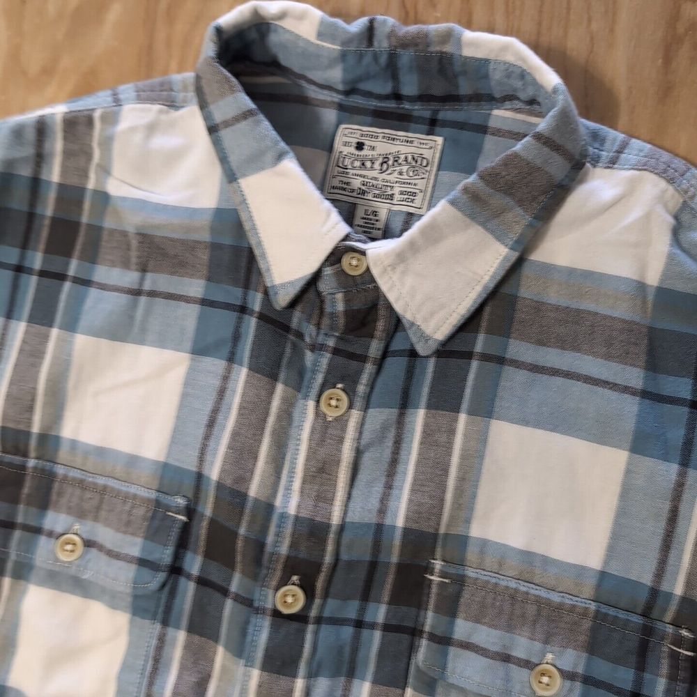 LUCKY BRAND Shirt Mens Large Blue Tan Plaid Flannel Saturday Stretch S/S